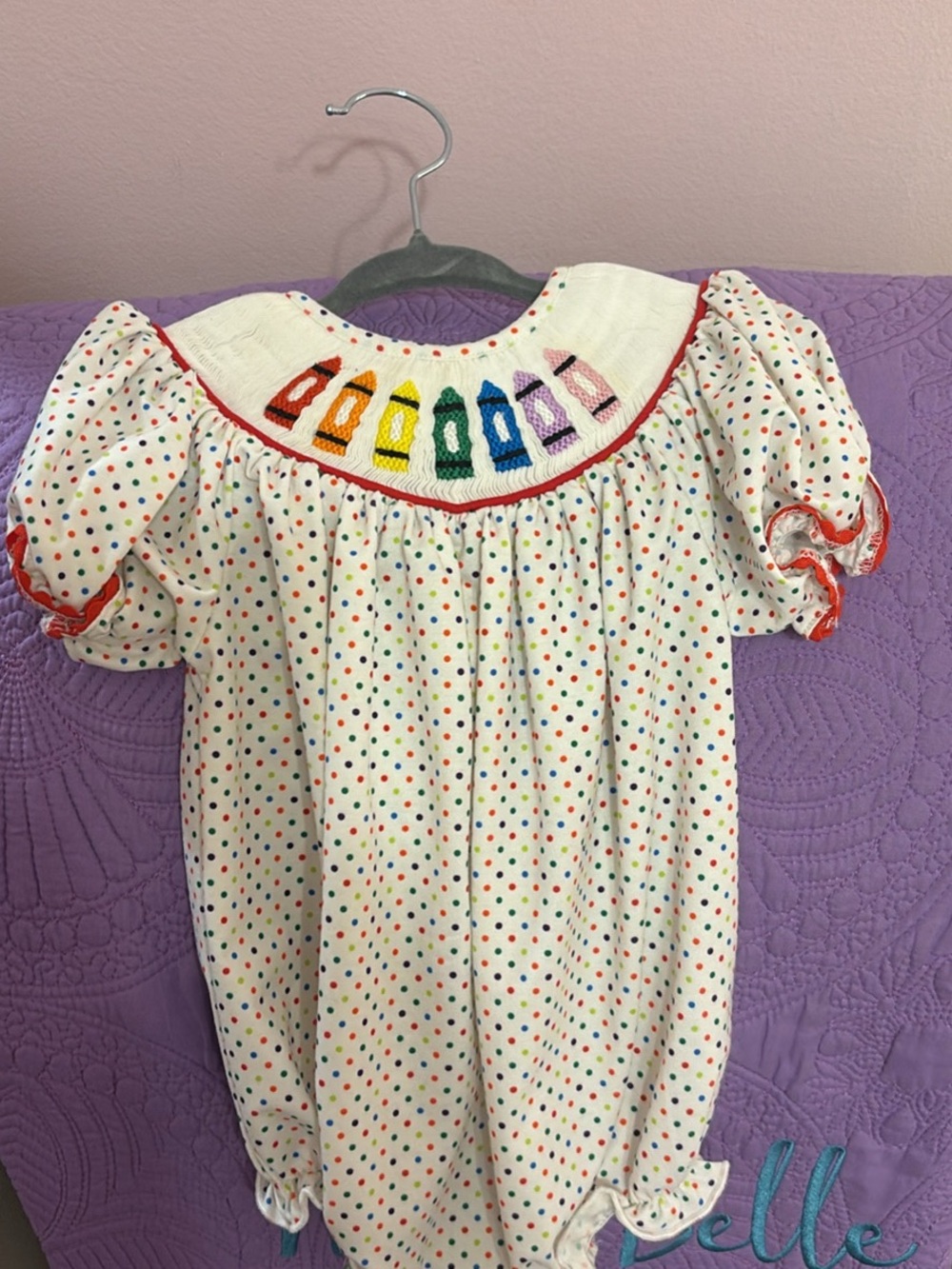Smocked Rainbow Crayon Dress - White with Multicolor Dots